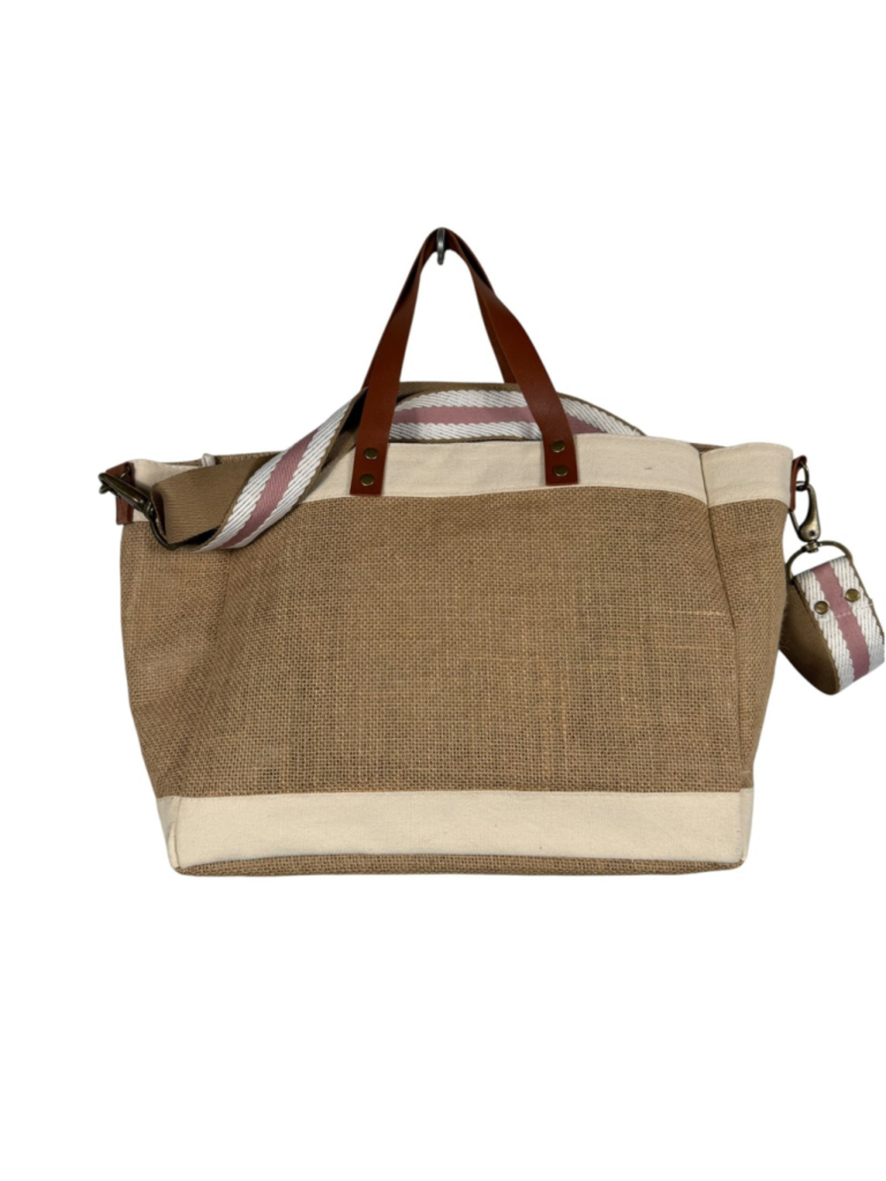 Beach Bum Canvas Jute Tote Bag Beige Brown Striped Strap Casual Travel Women's - Picture 4 of 10